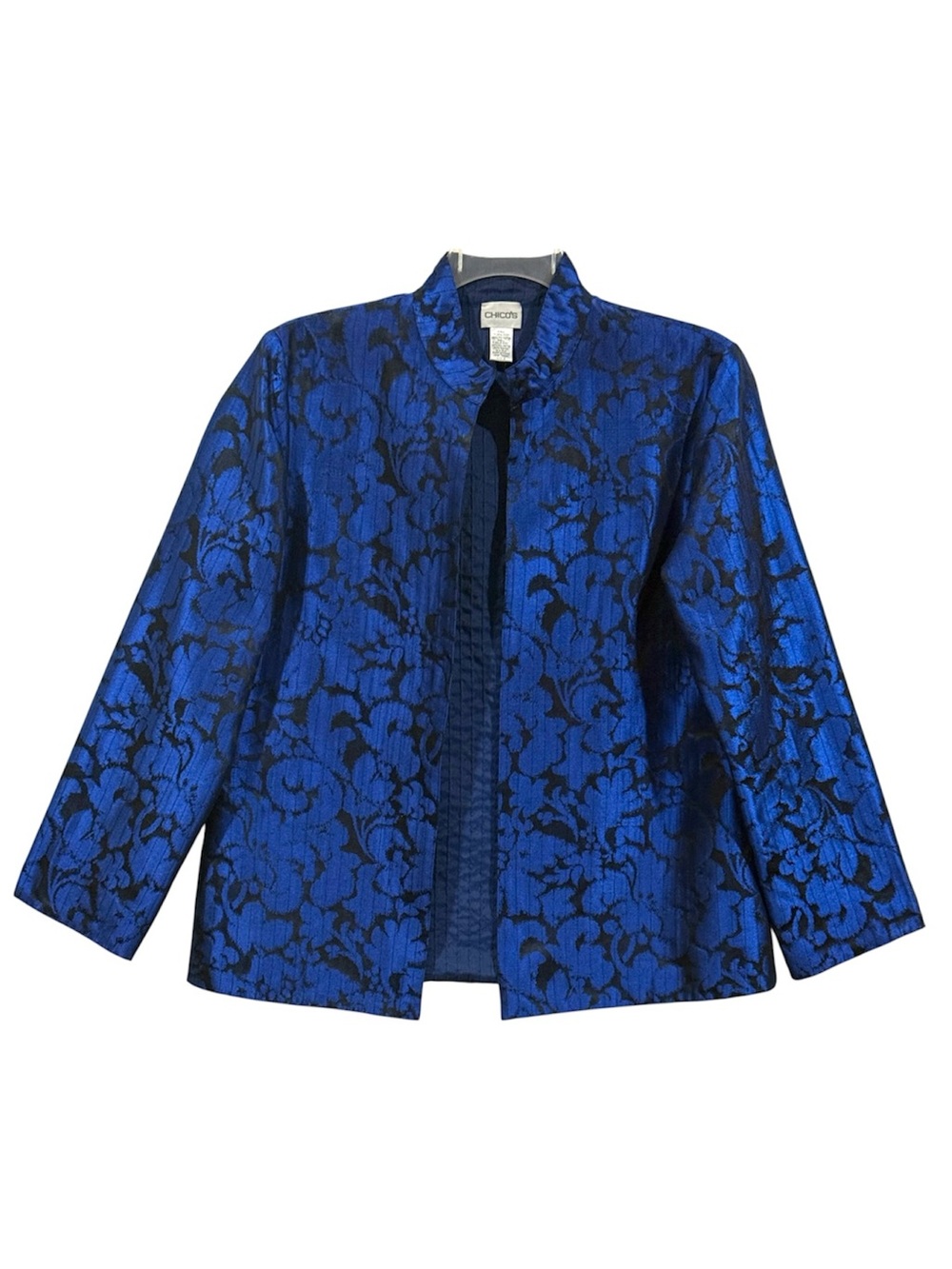 Chico’s Size 12 L Blue Black Floral Jacquard Topper Jacket Silk Blend Shimmer